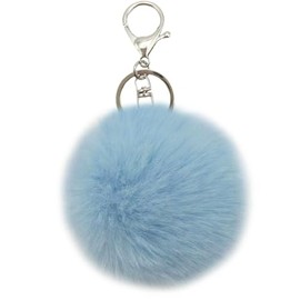 MBZRQKZS Fluffy Faux Rabbit Fur Pompoms Keyring Car Key Soft Plush Pompoms Keychain for Women Pendant Accessories,silver blue