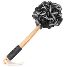 Black Loofah on a Stick PE Soft Mesh Luffa with Non-Slip Wooden Handle Made of Soft and Sturdy Rubber Material Back Scrubber for Shower for Women and Men with String for Easy Hanging