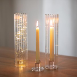 NUPTIO Candle Stick Holder for Centerpiece: Ribbed Hurricane Glass Taper Candle Holders - Set of 2 Candlestick Holder with Tall Cylinder Cover for Fireplace Dining Table Decor