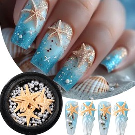 Summer Nail Art Rhinestones Ocean Nail Charm Shiny Shell Starfish Pearl Nail Design 3D Beach Theme Summer Nails Cute Nail Charm for Acrylic Nail Supplies DIY Crafts Manicure Decoration Accessories