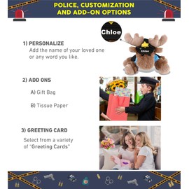 DolliBu Lying Cute Moose Police Officer Super Soft Plush Toy - Soft Lying Cute Moose Cop Stuffed Animal Dress Up with Cute Cop Uniform and Cap Outfit - Gift with Personalization - 8 Inches