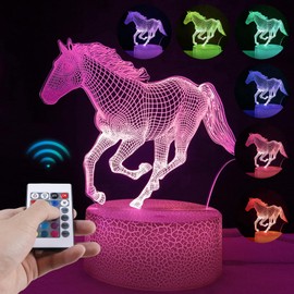 Horse 3D Night Light for Children, Dimmable Horse 3D Lamp with 16 Colour Changes, Horse Girl Lamp, Night Lights with Remote Control and Smart Touch, Gift for Girls, Living Room, Bedroom Decor