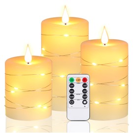 Upinmz Flameless Candle Battery with String of Lights Battery Powered LED Candle Flashing Candle with Remote Control and Timer 3 Packs (Ivory)