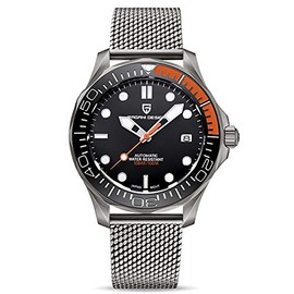 Pagani Design 1667 Men's Fashion Automatic Diving Watch NH35 Movement Rotating Ceramic Bezel Waterproof Nylon Rubber Business Sport Self-Winding Watch (Black/Orange-mesh)