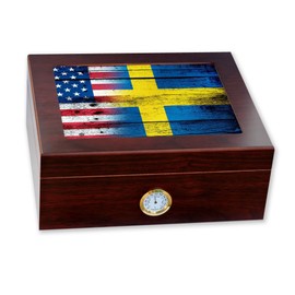 ExpressItBest Premium Desktop Humidor - Glass Top - Flag of Sweden (Swede) - Wood with USA Flag - Cedar lined with humidifier & front mounted hygrometer.