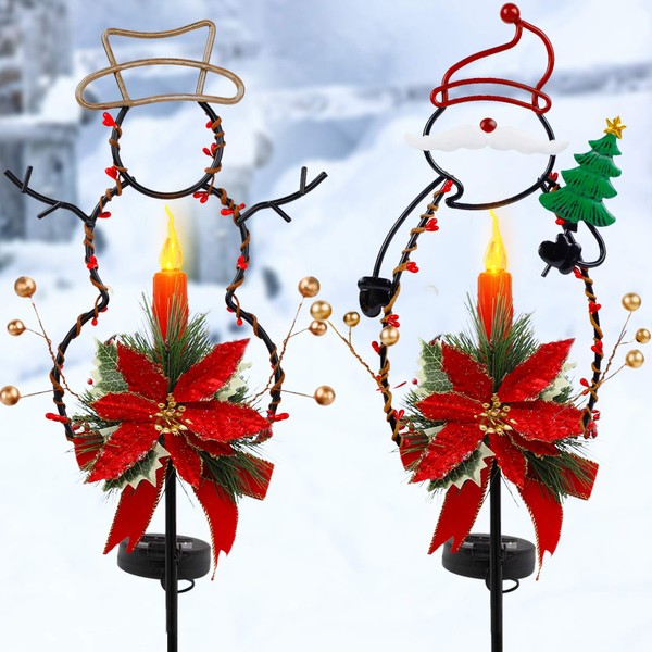 FORUP Solar Christmas Yard Decorations, Outdoor LED Solar Powered Candle, Xmas Pathway Lights, Metal Solar Garden Stake Lights, Snowman Santa Christmas Lawn Yard Ornament, Set of 2