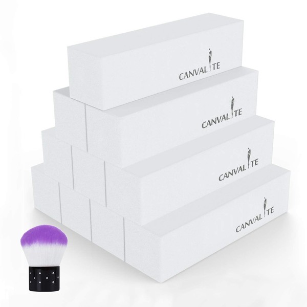 Canvalite 10Pcs White Nail Buffer Block with Nail Brush, 120 Grit Professional Salon Nail Buffer Block for Gel Nails