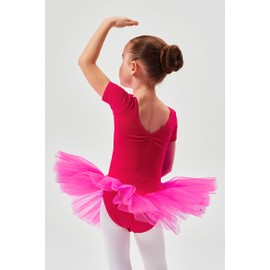 Tanzmuster Children’s Ballet Tutu "Nele" - cute short sleeve ballet leotard with tutu skirt and rhinestones in pink and white., pink, 104/110