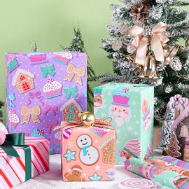 RUSPEPA Pink Christmas Wrapping Paper Set for Kids Girls, Jumbo Roll, Cute Santa, Gingerbread House, Candy and Donut Patterns Perfect for Holiday Gifts, Party, 4 Rolls, 30 inches x 10 feet per Roll