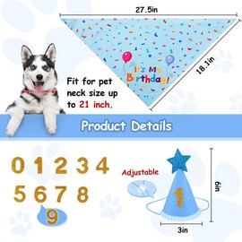 Yicostar Dog Birthday Party Supplies, Dog Birthday Bandana Set, Dog Boy Girl Birthday Party Hat with Numbers for Large Medium Small Dogs Pet (Blue)
