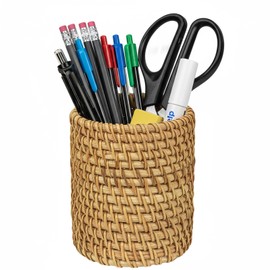 JANKOW Wicker Rattan Pencil Holder, Cylindrical Desk Organizer Cup, Natural Brown, for Office, Vanity, Kitchen, 1-Pack