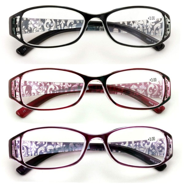 3 pares de anteojos de lectura RX con diseño de flores para mujer, 3 Pairs (Black/Maroon/Purple), M