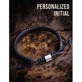 Men's Adjustable Leather Initial Bracelet | Genuine Woven Leather | A-Z Alphabet Letters Engraved on Stainless Steel Clasp - V