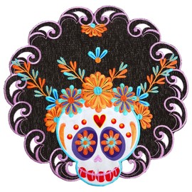 Simhomsen Embroidered Dia De Los Muertos Serape Fiesta Mexican Round Doilies Placemats, Mexico Day of The Dead Kitchen Dining Table Decoration for Home Party Decor (Round 15 Inches (Set of 4))