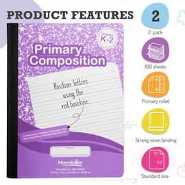 Primary Composition Notebook K-2, Primary Ruled Composition Book Grades K 2, Preschool, 1st Grade, Lined Notebooks, Primary Ruled - 9.75″ x 7.50″ - Durable Cover - 100 Sheets - Assorted Colors - (2 Pack)