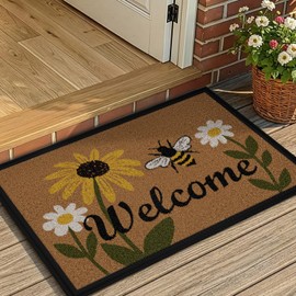 Color&Geometry Welcome Mat, 17x30 Front Door Mat Outside Entrance, Heavy Duty Non Slip Entry Mats, Entryway Doormat Dirt Trapper for Patio Garage Porch Home Decorative, Bee and Flower
