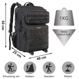 YOREPEK Large Military Backpack Men's Outdoor Army Waterproof Tactical German Army Backpacks Molle Assault Survival Tactical Travel Backpack for Camping Trekking Hiking Travel Work, black, 50 long