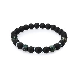 True Rebels Men's Bracelet Agate Black with Beads Birdstone Green Flexible Adjustable Energy Bracelet for Men with Pearls Gemstones, Gemstone, Agate