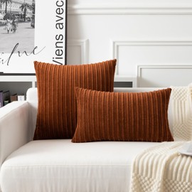 UGASA Velvet Lumbar Throw Pillow Cover, Both Sides Corduroy Striped Soft Solid Decorative Rectangular Cushion Case for Couch/Bedroom/Car, 1 Piece, 12x20 Inch, Brown