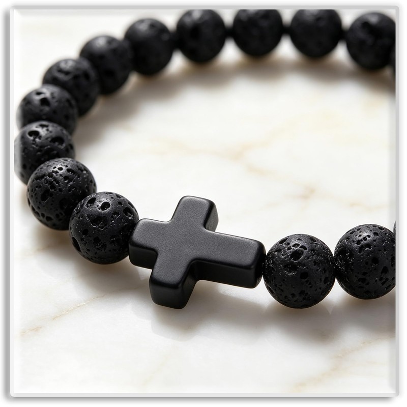 Xusamss Volcanic Stone Bead Cross Stretch Bracelet for Women Men,Lava