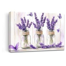 AWPANERAR Lavender Pictures Bathroom Wall Decor Purple Floral with Butterfly Canvas Prints Flower in a Vase Poster Rustic Farmhouse Kitchen Decor Framed (White, (12L x 18W))