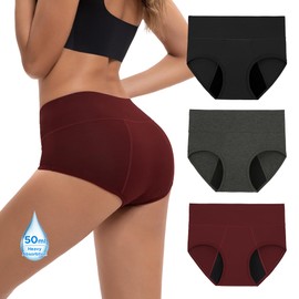 INNERSY Period Underwear for Women Bamboo Viscose High Waisted Leakproof Panties 3 Pack Holds 4 Tampons (Black/Gary/Red,Large