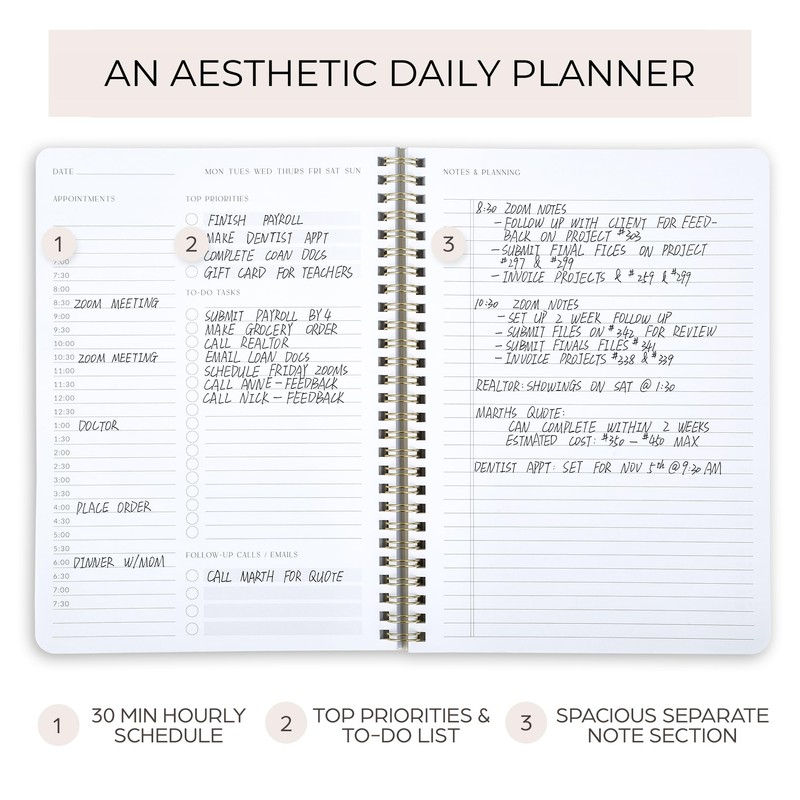 Beautiful Daily Planner And Notebook With Hourly Schedule - Aesthetic