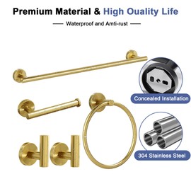 Brushed Gold Bathroom Hardware Set, 24 Inch SUS304 Stainless Steel Bath Towel Bar Set, Bathroom Accessories Set, Towel Rack, Towel Ring, Toilet Paper Holder, Robe Towel Hooks, 5-Pieces