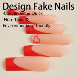 Red French Tip Press on Nails Long Square Glue on Nails Valentines Day Fake Nails with Heart Design Acrylic False Nails Full Cover Stick on Nail for for Women Wedding Valentine's Day Nails Decor 24Pcs