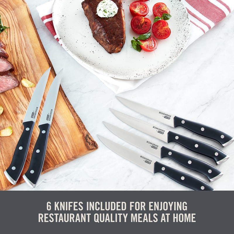 DASH Zakarian 6-Piece Steak Knife Set, Non-Serrated Full Tang German