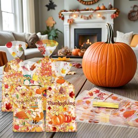 Litmitfu 100 Pcs Happy Thanksgiving Treat Bags - Plastic Fall Thanksgiving Gift Bags, Clear Autumn Goodie Candy Favor Cellophane Bag with Gold Twist Ties for Thanksgiving Party Favors Supplies