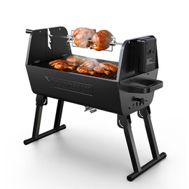 Brand-Man 2-in-1 Charcoal BBQ Grill & Motorized Rotisserie, Outdoor Portable Grill with Spit Roaster for Camping & Tailgating, Foldable, Adjustable Height, Dual Vents