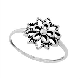 Silverly Women's .925 Sterling Silver Oxidised Thin Band Flower Ring, Sterling Silver