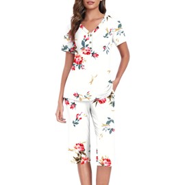 Anyally Women's Pajama Set Plus Size Short Sleeve Top and Capri Pants 2 Piece Lounge Sets Summer Ladies Pjs Sets with Pockets, XL Floral White