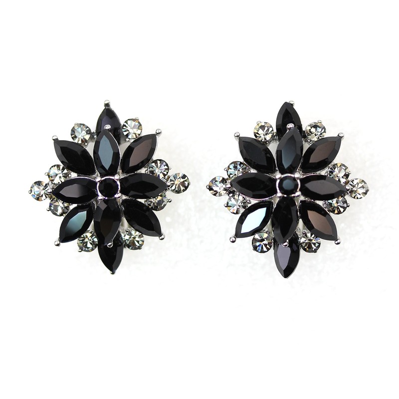 Faship Stunning Black Crystal Floral Clip On Style Earrings -