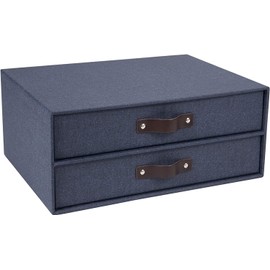 Bigso Box of Sweden Birger 2-Drawer Canvas Fiberboard Handle Letter Box | Desktop Drawers for Loose Papers & Documents | Desktop Storage Drawers with Leather Handles | 13.1” x 10” x 5.7” | Blue
