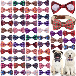 Reginary 50 Pieces Dog Bow Ties Pet Dog Collar Bow Puppy Dog Collar Attachment Bows with Rubber Bands for Small Medium Dogs Pet Grooming Charms Accessories Wedding Birthday Occasion (Plaid Style)
