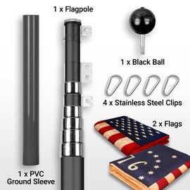 G128 Combo Pack: 25 Ft Telescoping Aluminum Flagpole (Black) & American and Bennington Tea Stained Flags 3x5 Ft, Both ToughWeave Series Embroidered Polyester | Pole with Flags Included
