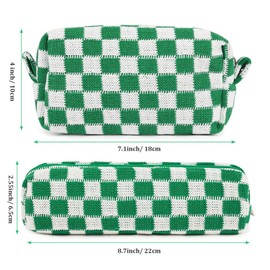 Aucuu 2 Pcs Makeup Bag Checkered Cosmetic Bag & Pencil Case, Portable Travel Toiletry Bag with Premium Zipper, Fashion Makeup Storage Bag for Women Girls - Large Capacity (Green)