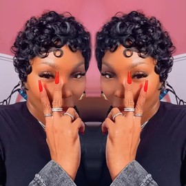 FREEKWEEN Pixie Cut Short Bob Wig for Black Women 100% Brazilian Human Hair Full Machine Made Wigs Glueless Natural Black Color Curly Human hair