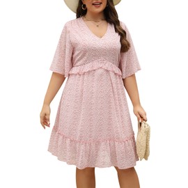 Nemidor Womens Loose Plus Size Summer Ditsy Floral Print Ruffle Mini Flowy Dress NEM314(24,Pink Yellow)