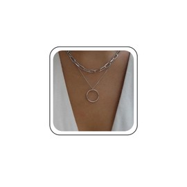 TseenYi Layered Open Circle Necklace Circle Ring Necklace Silver Layered Choker Necklace Chunky Paperclip Chain Layering Necklace Paper Chain Link Necklace Jewelry for Women and Girls