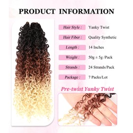 14 Inch Yanky Twist Crochet Hair Pre-looped 7 Packs Yankee Twist Hair Brown Senegalese Twists Crochet Hair with Curly Ends Synthetic Crochet Braids (T1B/27/613, 14 Inch (Pack of 7))