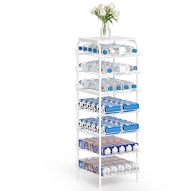 Vrisa Water Bottle Organizer 7 Tier Free Standing Water Bottle Holder Stand with Storage Shelves Beverage Drink Soda Can Rack Dispenser Metal Storage Shelf for Kitchen Pantry Party Office, White