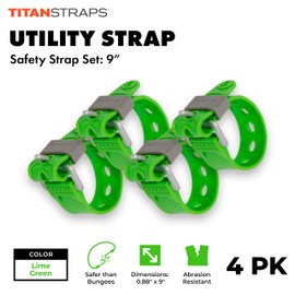 Titan Utility Straps – Easy-to-Use, Reliable Tension Straps for Securing Bike & Moto Gear, Skis, Garden Hoses, Field Repairs – Use in Frigid Temps – 60 lb.Working Load, 9" Length, Lime Green, 4-Pack
