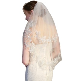 Lismyakey Bridal Wedding Veil with Hair Comb 2-Tier Appliqued Short Waist Length Bride Veil ​Wedding Lace Veil(White)