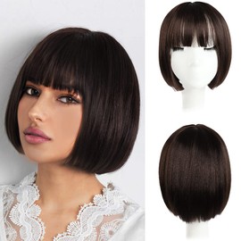 HSPJHTM Brown Bob Wigs,Short Bob Hair Wigs 10" Straight with Flat Bangs Synthetic Colorful Cosplay Daily Party Wig for Women Natural (Free Wig Cap)