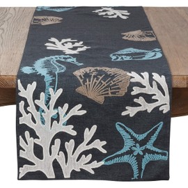 Fennco Styles Coastal Collection Sea Life Embroidered Table Runner 16 x 70 Inch - Navy Blue Table Cover for Everyday Use, Family Gathering, Banquets and Special Occasion