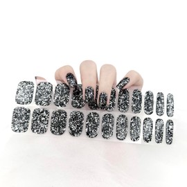 LIFOOST Glitter Black Nail Polish Strips 22 Pcs Salon Quality Gel Nail Stickers Long Lasting Wraps