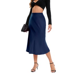 Timuspo Midi Skirt Satin Skirt Women's Elegant Long High Waist Plain Midi Skirt A-line Summer Skirt with Concealed Elastic Band and Zip, navy